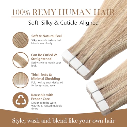 Image of Tape In Hair Extensions Human Hair Golden Brown and Bleach Blonde