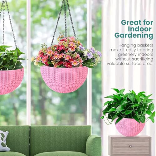 Image of Go Hooked Hanging Plastic Pot | Pink | Diameter 7.1 Inch | Height 4.8 Inch | Thickness 3 mm | Chain Length 13 Inch Approx. | 8 Pieces