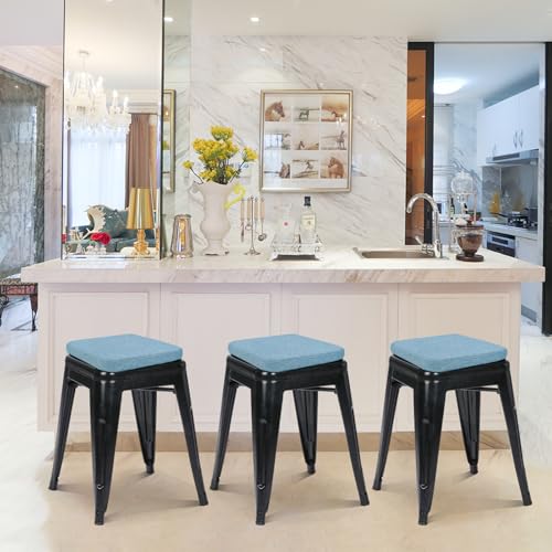 Image of BUYUE Friendly Woven Fabric Magnetic Bar Stool Cushions Set of 4, Enhanced Anti-Slip Breathable Small Chair Seat Pads for Cafe Bistro Stackable Metal Stools (Square, Light Blue, 4 Counts)