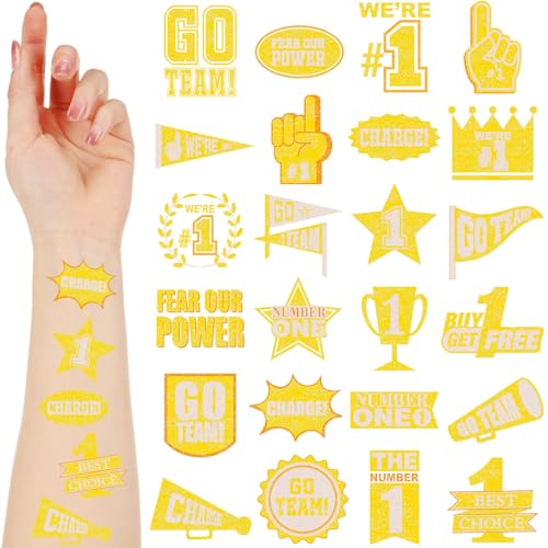 Landhoow 240 Pcs Yellow Team Spirit Tattoos Temporary Glitter Go Team Tattoos School Field Day Camp Spirit Day Accessories Football Cheer Stickers for Pep Rally Supplies Color Accessories