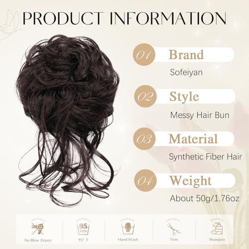 Sofeiyan Messy Bun Hair Piece Curly Wavy Hair Extensions Synthetic Tousled Updo with Tendrils Hairpieces Bun Donut Accessories Scrunchies for Women Dark Brown - Image 2