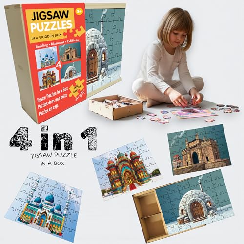 Image of Wooden Building & Architecture Jigsaw Puzzle Set for Kids (3+ Years) | 4-in-1 Landmark & Structure Puzzles with Wooden Storage Box | Educational Learning Toy