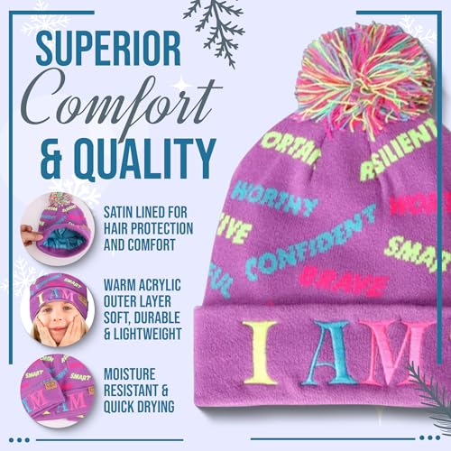 Motivational Satin Lined Beanie for Baby, Toddler, Kids, Girls, and Boys. Warm Kids Outdoor Winter Hat, Pom Pom Beanies3