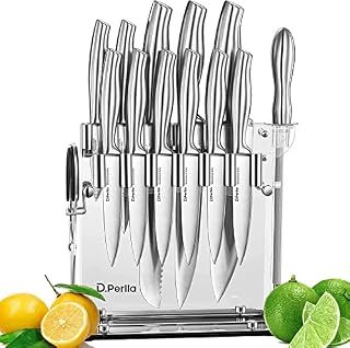 D.Perlla Knife Set, 14 Pieces Kitchen Knife Set with Clear Acrylic Knife Block High Carbon Stainless Steel Kitchen Knife Set with Steak Knives, Scissors, Sharpener, Sharp and No Rust Knife