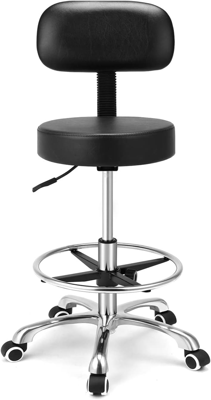 – Kaleurrier Rolling Swivel Adjustable Heavy Duty Drafting Stool Chair for Salon,Medical,Office and Home uses,with Wheels and Back (Black with Footrest)
