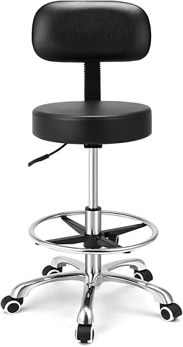Taburete de dibujo giratorio ajustable resistente para sala de belleza, médico, oficina y uso doméstico, con ruedas y respaldo (negro con reposapiés)