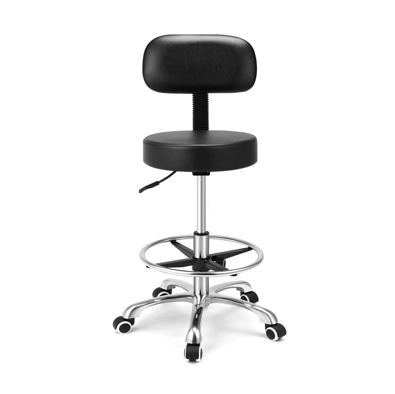 Kaleurrier Rolling Swivel Adjustable Heavy Duty Drafting Stool Chair for Salon Medical Kitchen Lab Clinic Dental Office and Home uses,with Wheels and Back Support (Black with Footrest)