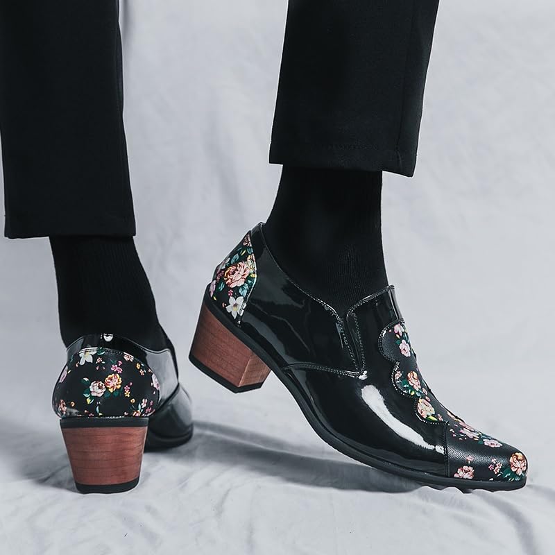 Dress Formal Shoes for Men Slip On Pointed Toe PU Leather Patchwork Floral High Heel Anti-Slip Non Slip Resistant Low Top Outdoor2