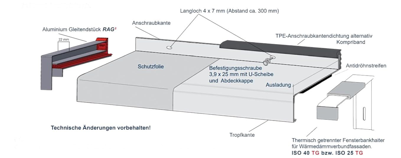 Aluminium Fensterbank silber EV1 195 mm (Gleitabschluss, 500 mm)