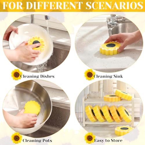 Image of Tioncy 12 Pack Sunflower Kitchen Sponges Bulk Dual Sided Scrubber Yellow Sunflower Sponges Dishwashing Kitchen Cleaning Accessories for Funny Christmas Holiday Household Supplies