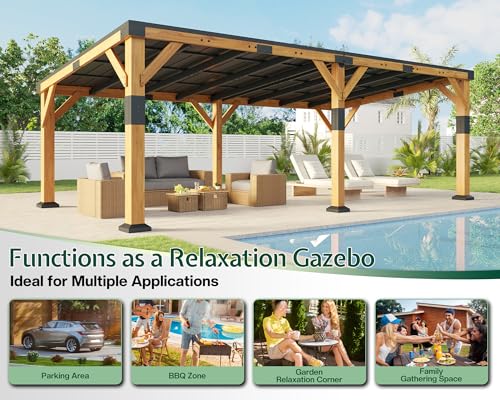 Image of Jocisland 12x24x8.2 FT Cedar Wood Carport for 2 Cars, Heavy Duty Canopy Carport with Sloped Galvanized Steel Roof for All Weather, Permanent Shelter for Full-Sized Pickup Truck, Boat & Tractor