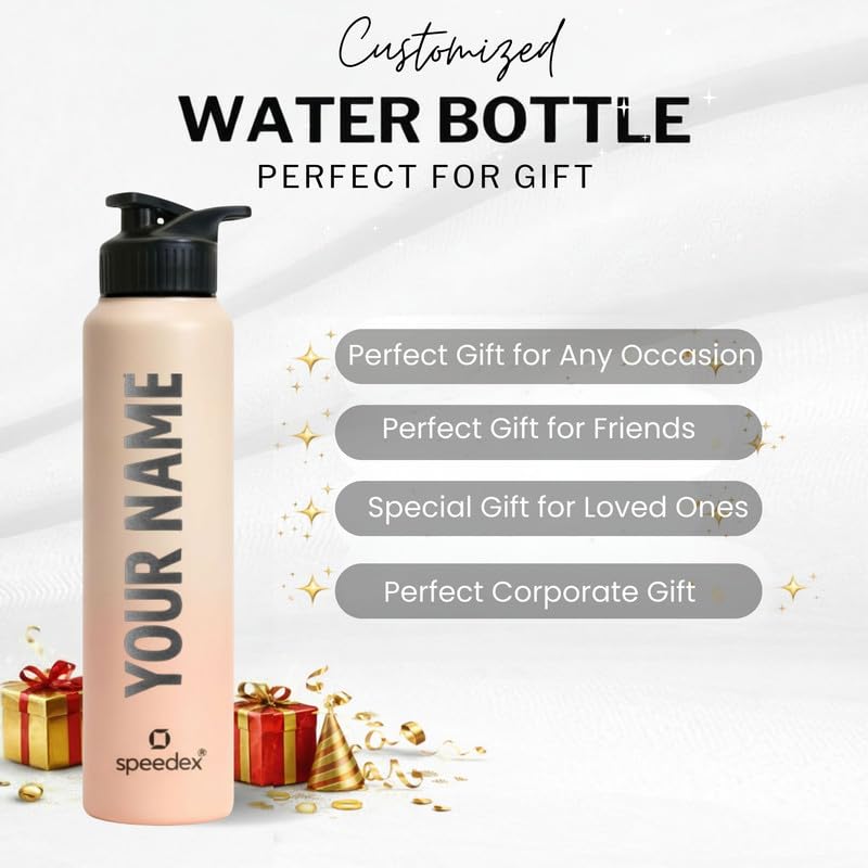Image of Speedex Customised Stainless Steel Water Bottle 1 Ltr with Name - Personalised Engraved Sipper Cap Bottle for Kids, Men & Women, School, Gym, Office Peach Orange, Set of 1