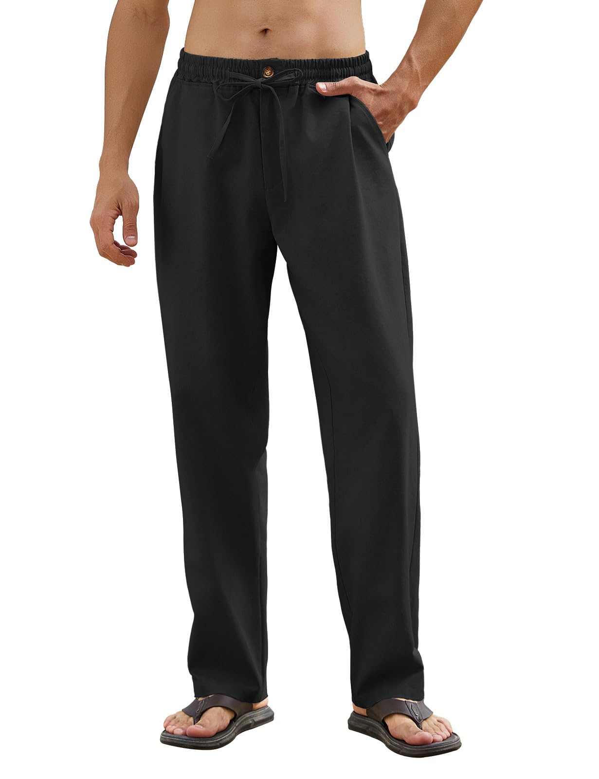 CMTOP Herren Leinenhose Lang Sommer Leicht Loose Fit Hose Einfarbig Freizeithose Elastischer Bund Baumwolle Sommerhose Yoga Urlaub Strandhose mit Kordelzug, Taschen