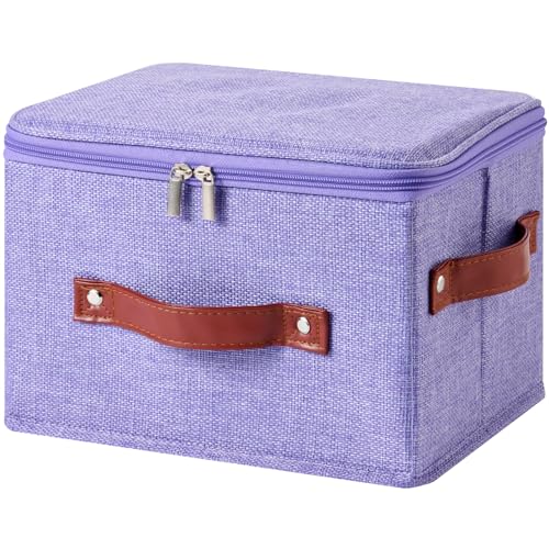 Image of Storage Bin Box with Zippered Lid Cotton Linen Fabric Decorative Basket with PU Leather Handles PP Plastic Board Foldable Lidded Clothing Shelf Closet Organizer Container (Purple, Small)