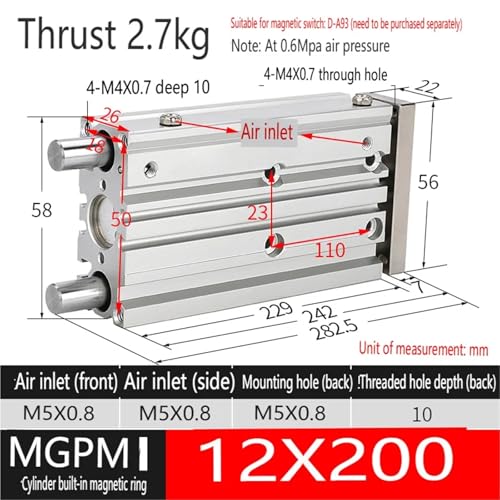 Cilindro guiado de tres varillas MGPM12X200 para automatización 3