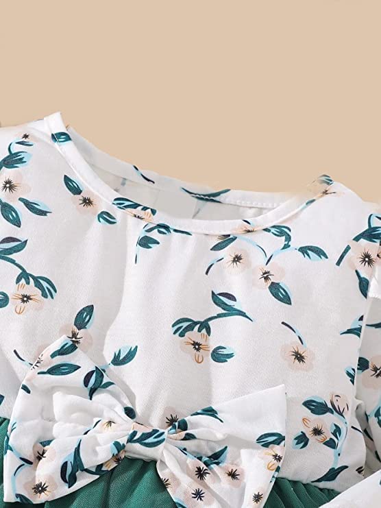 Image of OMLI Baby Floral Print Ruffle Trim Bow Front Mesh Hem Dress Round Neck Button Closure Mini Dress /Frock /OnePice /Party Dress for Baby Girls