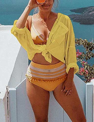 Image of Bsubseach Women Long Sleeve Beach Shirt Blouses Bathing Suit Cover Up Button Down Collar