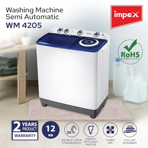 غسالة نصف أوتوماتيكية WM 4205 تحميل علوي، تصميم غسيل يدوي، تجفيف بالهواء، منظف الياقة، جرس للتنبيه بالشطف، وظيفة النقع 12 كجم من امبيكس