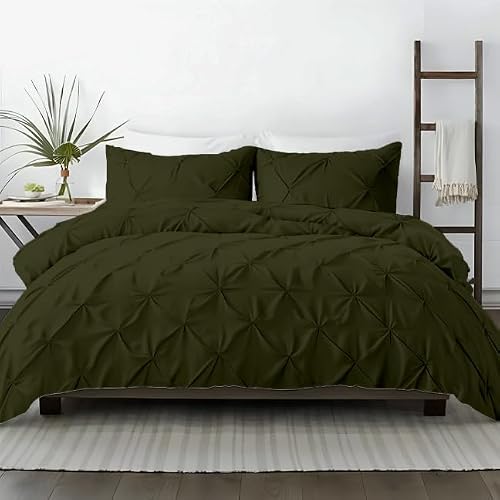 Kotton Culture 120"x 98" 1 Pc Oversized King Pinch Pleated-Pintuck Duvet Cover Only - 100% Egyptian Cotton 600 TC Comforter Cover-Zipper Closure & 7 Internal Ties- Fits Large King Inserts -Olive Green