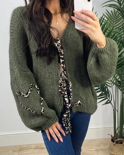 Image of Women's Tie Knot Leopard Heart Print Knit Cardigan Oversized V Neck Open Front Bandage Sweater Trendy Fall Knit Outwear