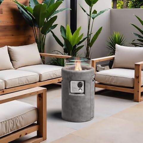 SUNBURY Outdoor Propane Fire Pit, Stone Like Fire Pit Table with Glass Wind Guard, Waterproof Cover, 40000BTUS Small Column Firepit Garden Lighting (Grey) Cover