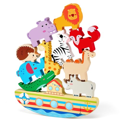 Holz Stapelspiel Arche Noah, Tiere Holzspielzeug Stapelspielzeug, Balancespiel Kinder Ostergeschenke Kinder Holz Tiere Montessori Spielzeug Taufe Geschenke ab 2 3 4 5 Jahre Jungen und M&auml;dchen