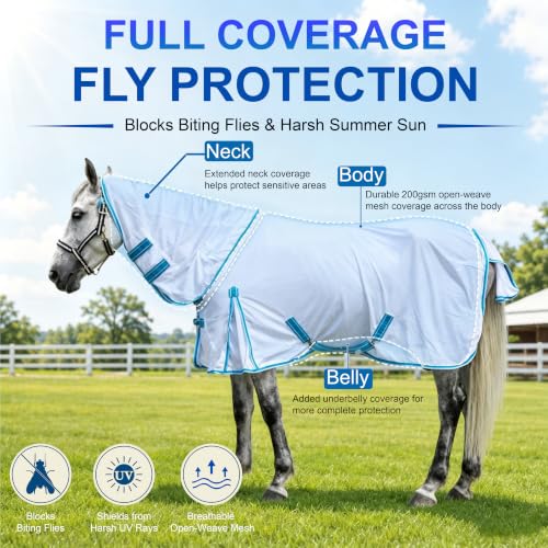 Image of Horse Fly Sheet with Detachable Neck, Maximum Airflow Breathable Open Weave Mesh for Hot Weather, Anti-Rub Comfort, 65% UV Protection, Cool Summer Sheet for Pasture & Barn White 78