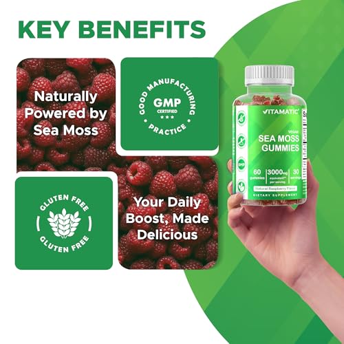 vitamatic irish sea moss gummies  3000mg equivalent per serving from extract 1325mg  60 ct made with bladderwrack amp burdock root  seamoss supplement for thyroid energy amp immune support