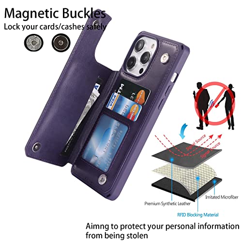Image of Cavor for iPhone 14 Pro Case with Card Holder,for iPhone 14 Pro Wallet Case for Women Men,Phone Case for iPhone 14 pro with Stand Credit Card Holder, Leather Strap Shockproof Cover- Dark Purple