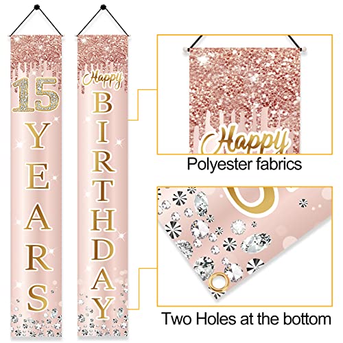 Image of 15th Birthday Door Banner Decorations for Girls, Pink Rose Gold Happy 15 Birthday Door Porch Backdrop Party Supplies, Fifteen Year Old Birthday Sign Decor