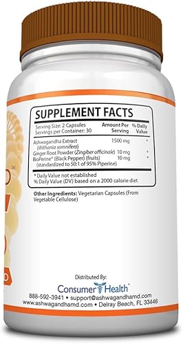 Miniatura 2 de Ashwagandha MD con jengibre y bioperina. Reduce el estrés, mejora el estado de ánimo, mejora el sueño. Orgánico y vegano 60 cápsulas - 1 botella -