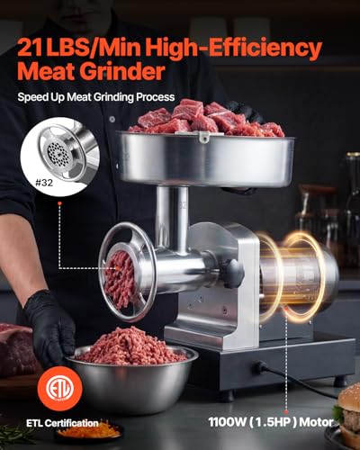 Image of VEVOR Commercial Meat Grinder, 21 Lbs /Min Capacity, #32 Electric Meat Mincer with 3 Plates, 3 Sausage Stuff Tubes, 1100W /1.5HP Stainless Steel Sausage Maker for Home Kitchens & Restaurants, ETL Listed