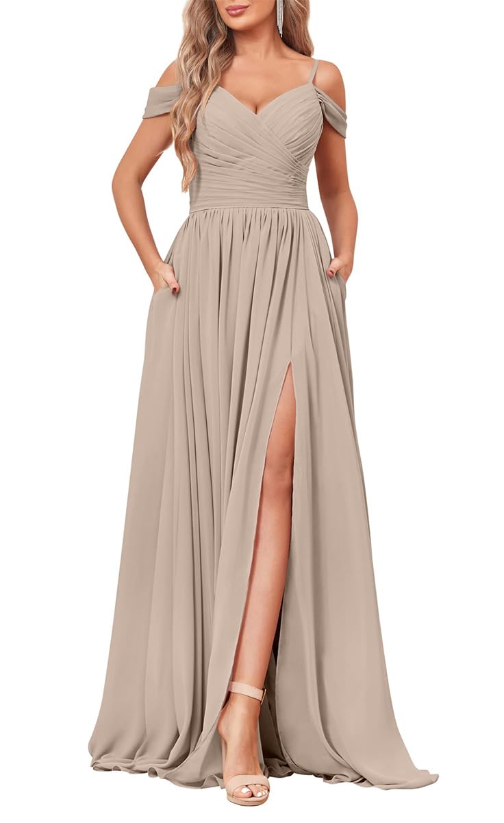 YIANN Off The Shoulder Dresses for Women Formal Gown with Pockets Taupe Bridesmaid Dress Wrap Slit Prom Dress Long UK10