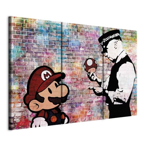 B&D XXL - Wandbilder XXL Banksy Super Mario Mushroom Cop 120x80 cm 3 tlg Wand Deko Leinwand Bilder Groß Wanddeko Wohnzimmer Schlafzimmer Kunstdrucke - Street Art Graffiti Urban Ziegel i-C-0100-b-e