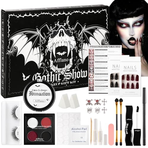 Goth Makeup Kit – Complete Gothic Make up Set for Vampire, Witch, Clown, Emo, Grunge, Theater, Halloween SFX with White Foundation, Red Eyeshadow Palette, Black Lipstick, Eyelashes, Eyeliner, Nails