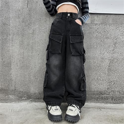 Baggy Cargo Jeans for Girls Straight Wide Leg Adjustable High Waisted, Casual Fashion School Streetwear Denim Pants3