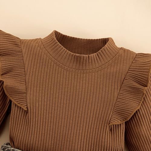 Image of Weixinbuy Toddler Girl Fall Winter Clothes Solid Long Sleeve Ribbed T-Shirt Knit Tops Plaid Button Mini Skirts Set Outfits