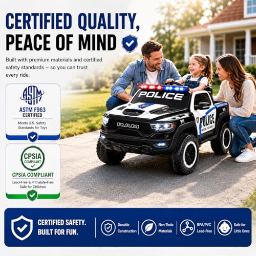 Image of 24V Licensed Dodge RAM Police Ride On Truck, 4WD Quad Motor Kids Electric Car with Parent Remote Control, 2-Seater Safe Ride On Vehicle, Bluetooth Music Emergency Light, Birthday Gift for 3-8