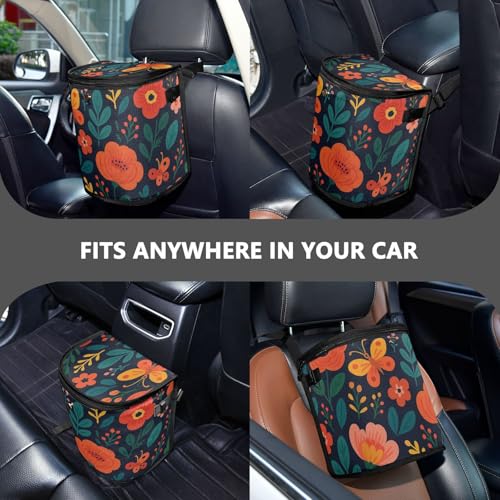 Image of Flowers Car Trash Can with Lid Leak Proof Car Trash Bag Waterproof Car Garbage Can, Multipurpose Trash Bin Hanging for Minivan SUV Truck