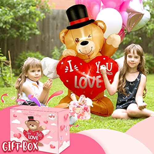 AerWo 4 FT Valentines Day Inflatable Bear with Love Heart, Lighted Valentines Inflatables Teddy Bear Blow Up Yard Outdoor Garden Home Party Wedding Decor, Romantic Sweet Valentines Gift