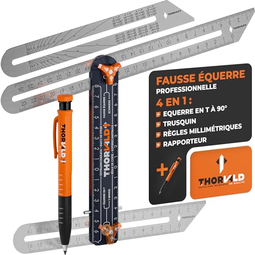 Thorvald 4 en 1 Fausse Équerre + Crayon Chantier + 2 Règles Inox 190mm & 265mm - Transfer d’angle précis - Aluminium anodisé - Tous travaux : menuisier,...