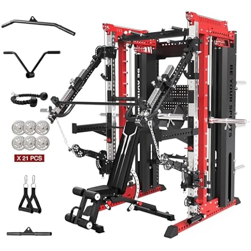 Commercial Smithe Machine with Weight Bench, Power Cage Squat Rack Home Gym System with Leg Press Attachment, Linear Bearing Cable Crossover with Dual Pulley System for Home Gym