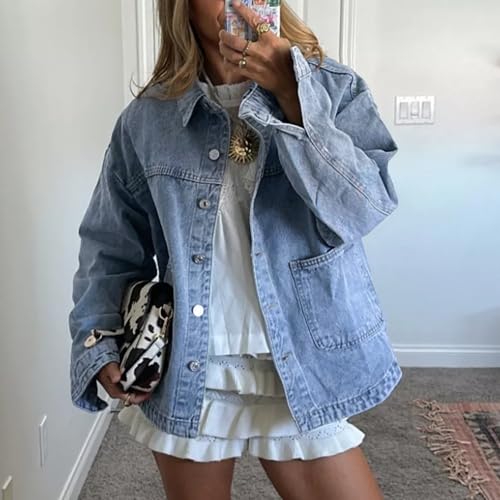 Hixiaohe Jean Jackets for Women Trendy Button Up Denim Shirt Jacket Oversized Long Sleeve Coat Fashion Clothes with Pockets4