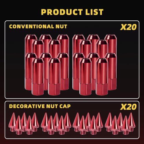 Image of M12 x 1.5 Spike Lug Nuts 20 PCS, Electrophoretic Coating Wheel Lug Nut with Pointed Cap, Weather Resistant Lug Nut Set for Ford, Toyota, Honda, Chevrolet, Nissan, Mazda and More, Red
