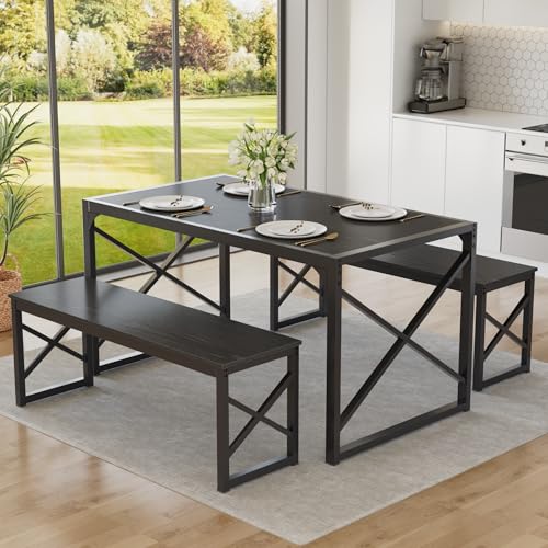 Image of VECELO 55 inch Kitchen Dining Table Set for 4, Heavy-Duty Steel Frame & Wood-Grain Tabletop, Space-Saving Dinette Sets with 2 Benches for Breakfast Nook and Small Space, Black