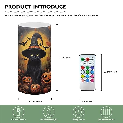 Image of Flickering Flameless LED Battery Powered Pillar Candles Tealight with 18-Key Timer Remote with Colorful Light Safe for Indoor Outdoor Halloween Party Decorations, Black Cat Withch Pumpkin