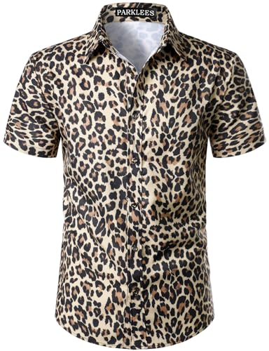 PARKLEES Men's Leopard Print Shirt Casual Cheetah Printed Short Sleeve Button Down Shirt Beige X-Large