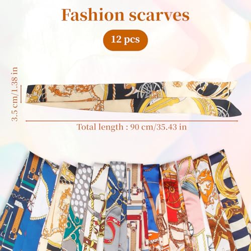 12PCS Colorful Band Narrow/Neckerchief Scarf, Satin Fashion Narrow/Head Wrap Fashion Scarf for Decoration, Braided Hair Tie Scarves for Women, Women Handbag Scarfs2