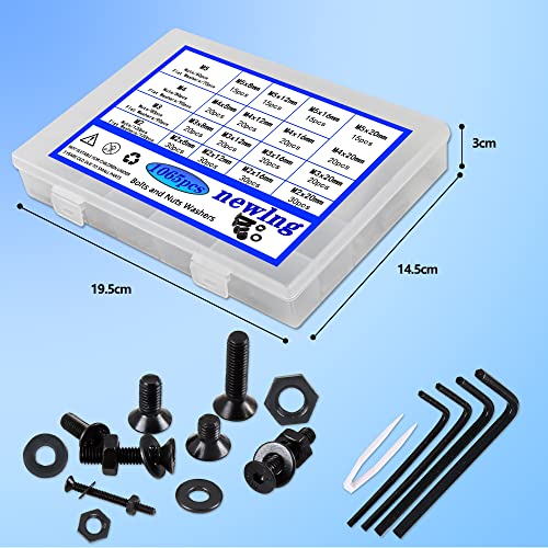 Image of newlng M2 M3 M4 M5 Screws Assortment Kit 1065pcs Bolts and Nuts Washers Sets 10.9 Carbon Steel Metric Black Flat Head Socket Head Countersunk Head Machine Screw Bolt with Spanner for Home Industrial