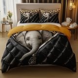 Duvet Cover Set Twin Baby Elephant and Leather Bag Cartoon Style Bedding Soft & Breathable Comforter Cover with Zipper Closure and Corner Ties 1 Pillowcase for Kids Teens Boys Girls Women Golden
